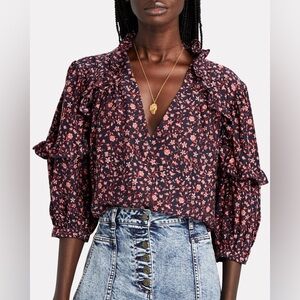 FRAME Womens Small Navy Blue Red Floral 3/4 Sleeves Cali Ruffled Silk Blouse Top